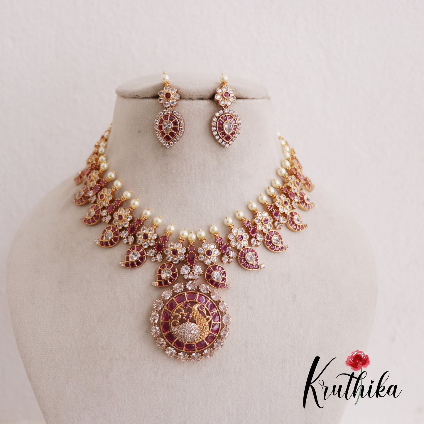 Traditional Mango Floral Jadau Necklace With Interchangeable Pendant NC2609 (Available In 2 Colors)