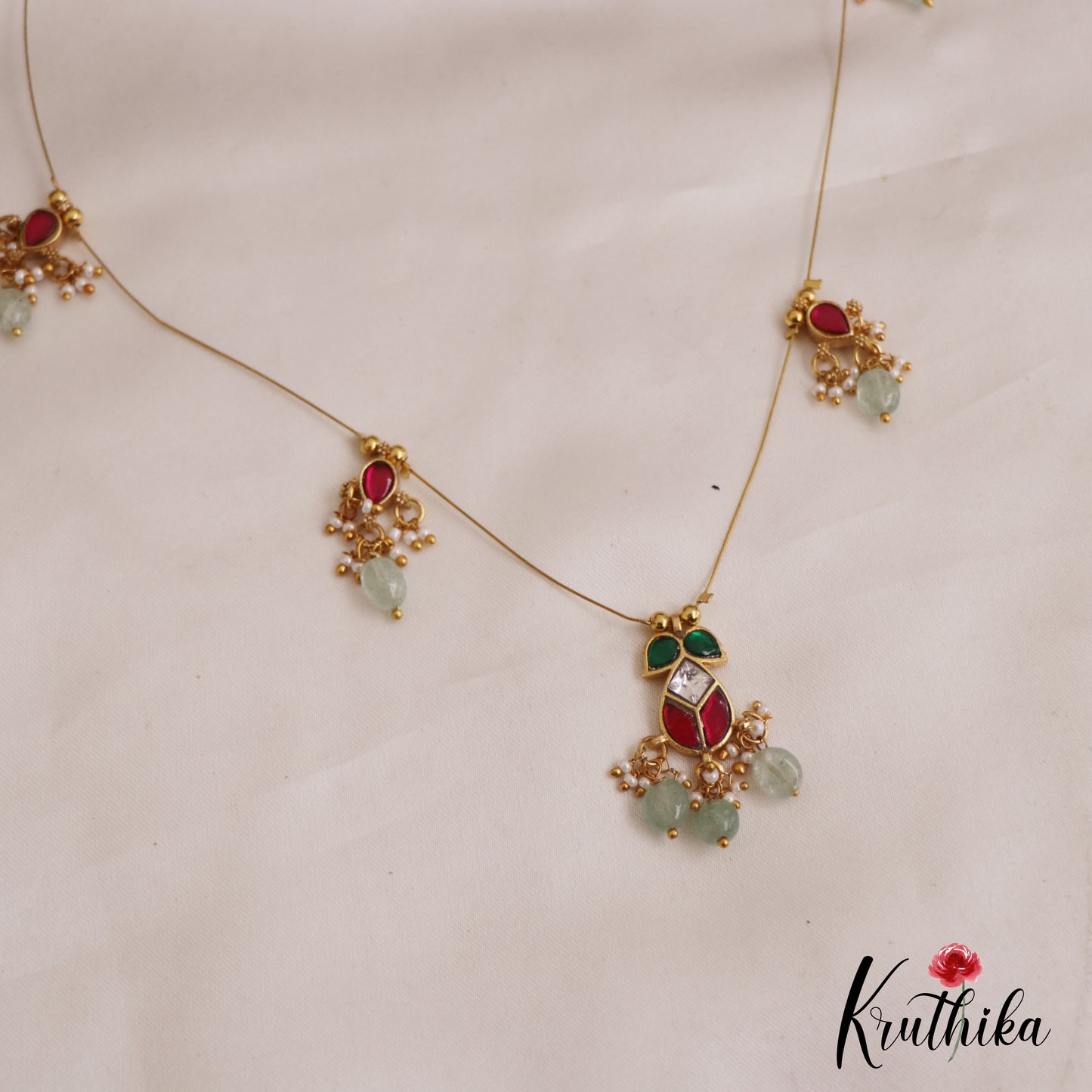 Trendy Teardrop Motifs Jadau Invisible Chain With Bead Drops NC2723 (Available In 2 Colors)
