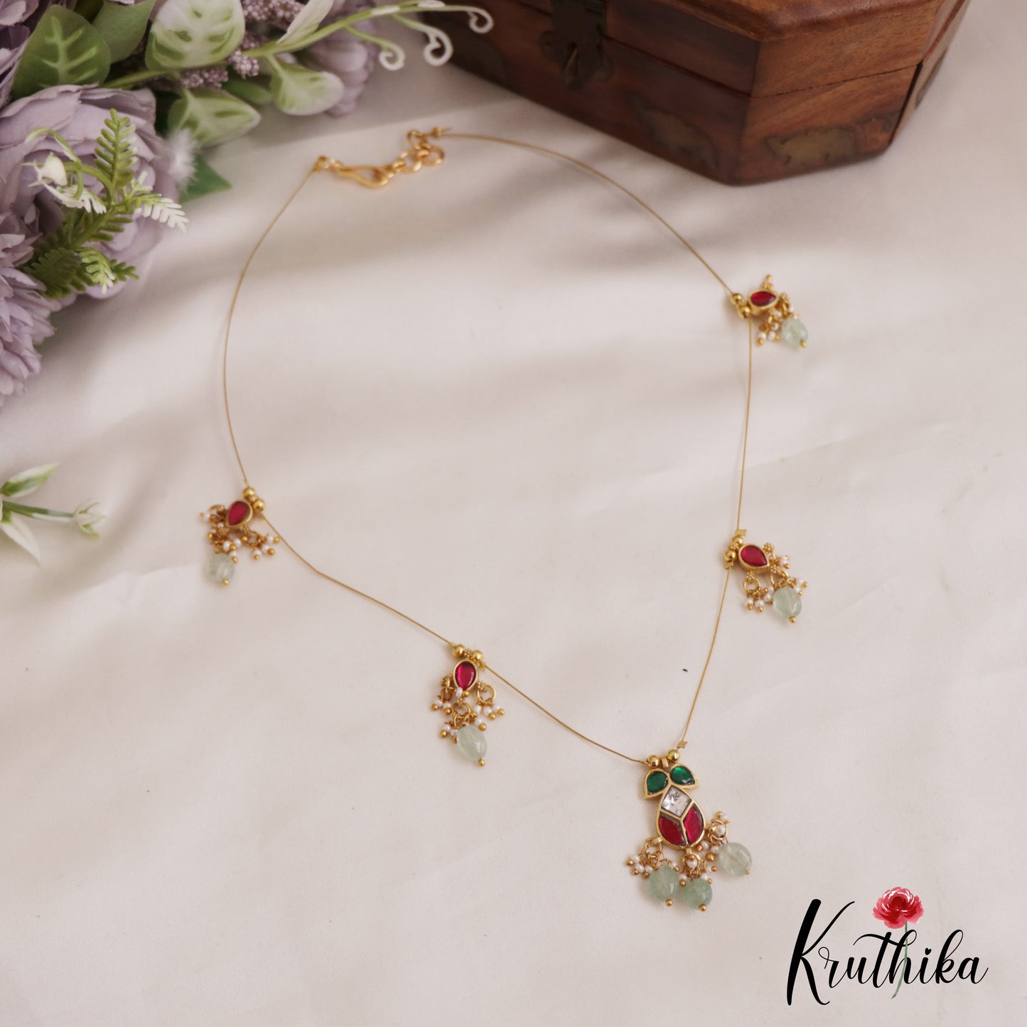 Trendy Teardrop Motifs Jadau Invisible Chain With Bead Drops NC2723 (Available In 2 Colors)