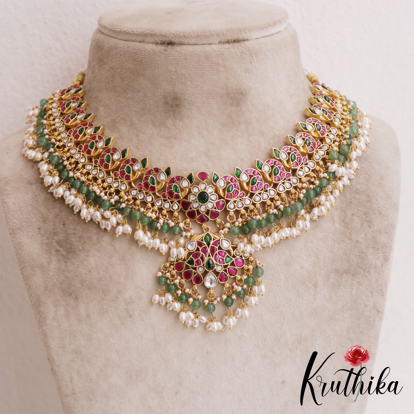 Premium Peacock Floral Motifs Guttapoosalu Jadau Choker With Green Bead Drops NC2886