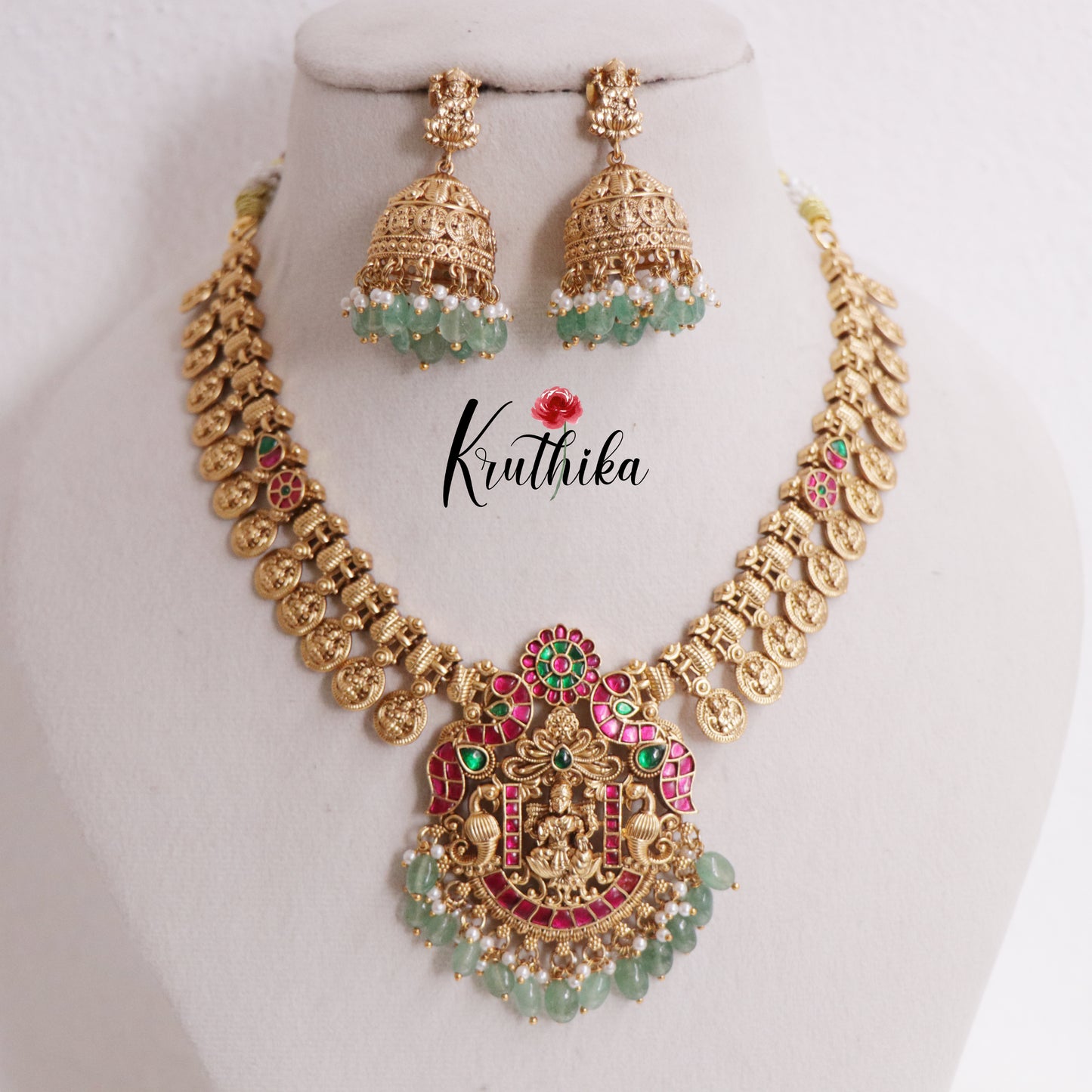 Beautiful Temple Lakshmi Jadau Kasu Necklace with Pastel Green Beads Drops NC2357 (Available in 2 Colours)