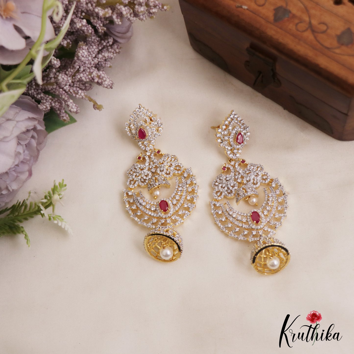 Stunning Peacock Motifs AD Victorian Chandbali Jhumka Earrings With Pearl Drop E1132 (Available In 3 Colors)