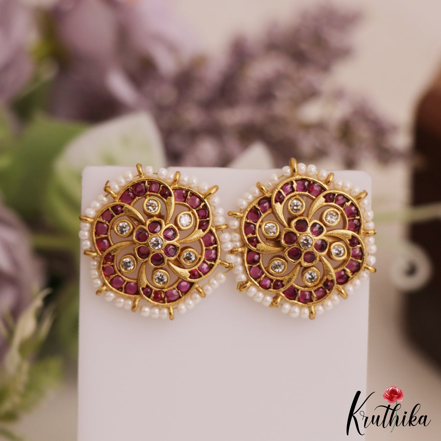 Pretty Pearl Border Floral Motifs Stud Earrings E1067 (Available In 3 Colors)