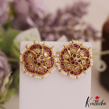 Pretty Pearl Border Floral Motifs Stud Earrings E1067 (Available In 3 Colors)