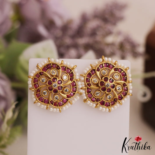 Pretty Pearl Border Floral Motifs Stud Earrings E1067 (Available In 3 Colors)