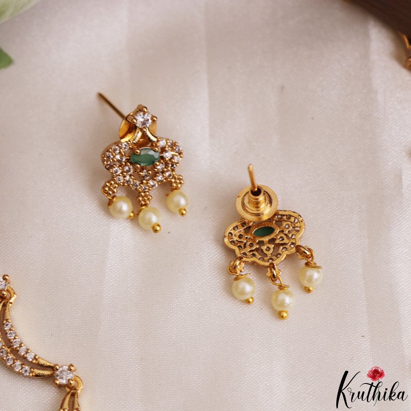 Elegant Floral Motifs CZ Victorian Necklace With Pearl Drops  NC3235 (Available In 4 Colors)