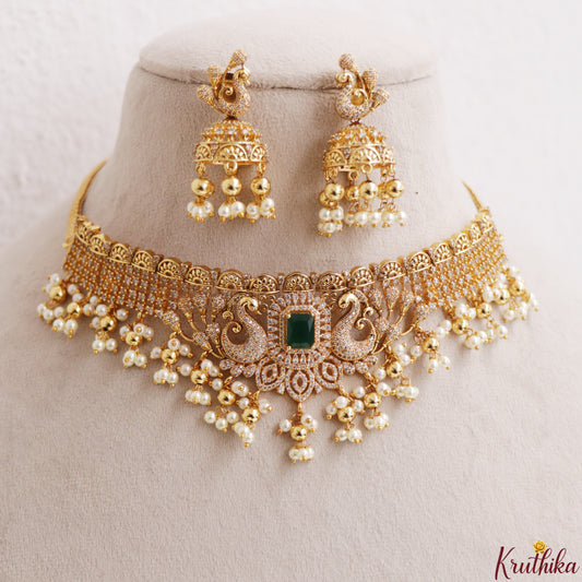 Gold alike AD peacock emerald guttapoosalu choker NC1115