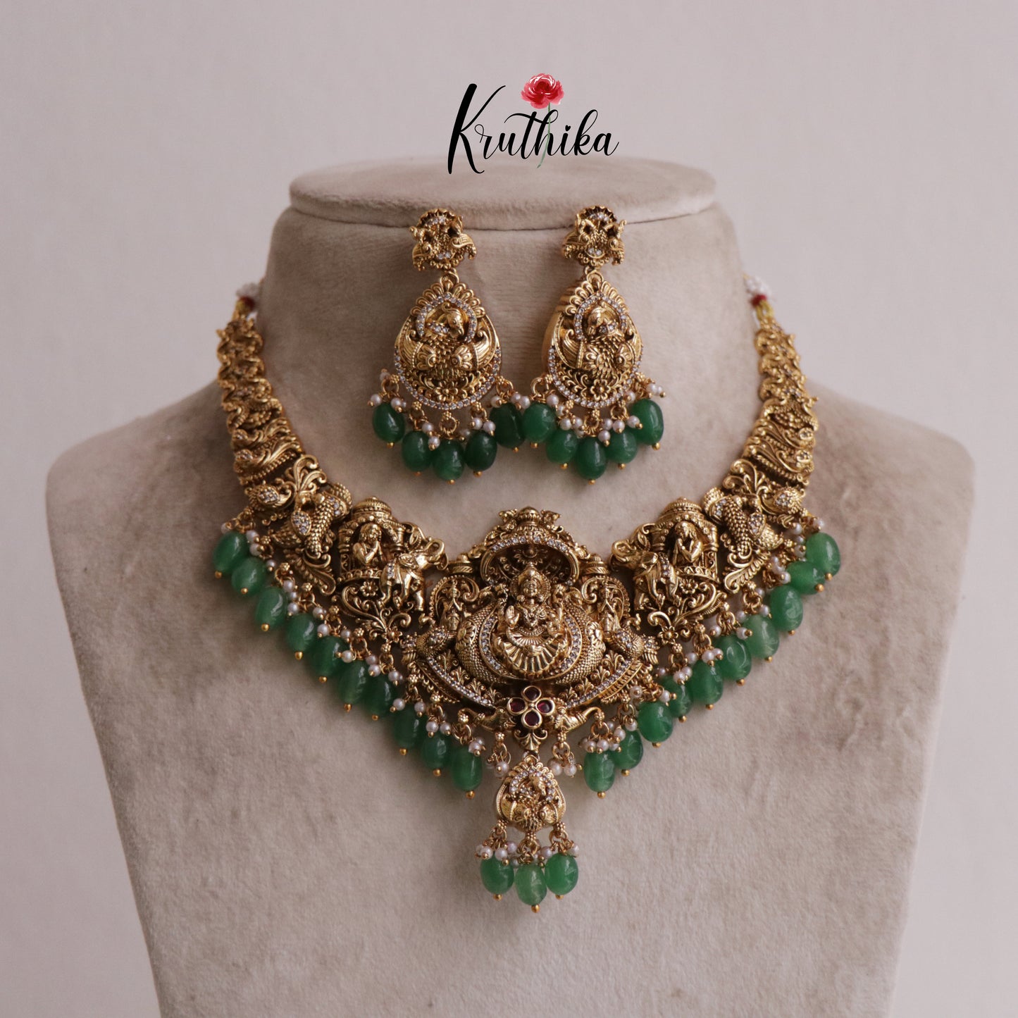 Premium Temple Lakshmi Peacock Necklace with Green Beads NC1913