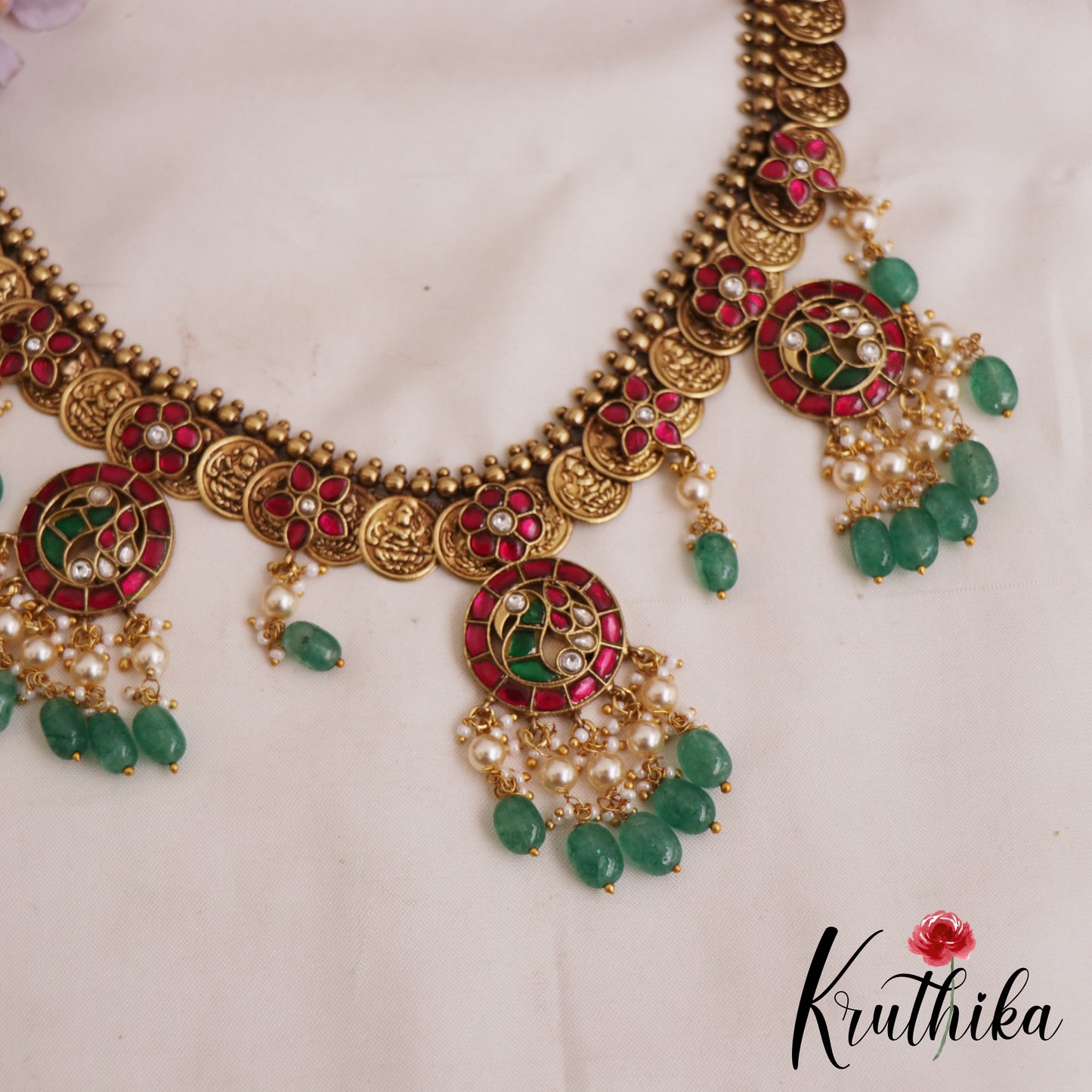 Premium Peacock Motifs Antique Lakshmi Kasu Jadau Necklace With Green Bead Drops NC2887