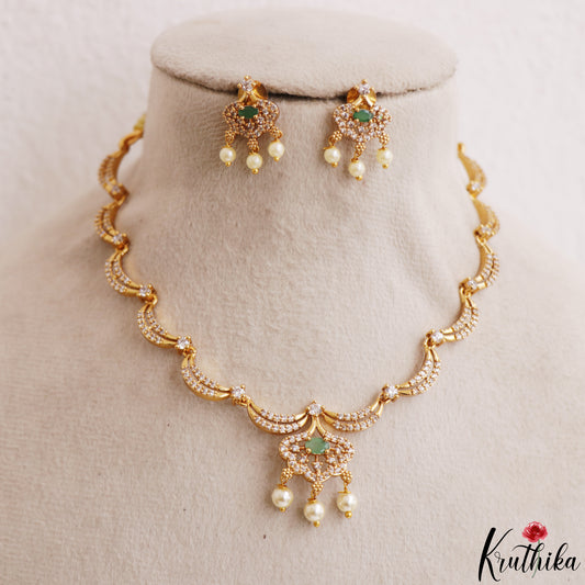 Elegant Floral Motifs CZ Victorian Necklace With Pearl Drops  NC3235 (Available In 4 Colors)