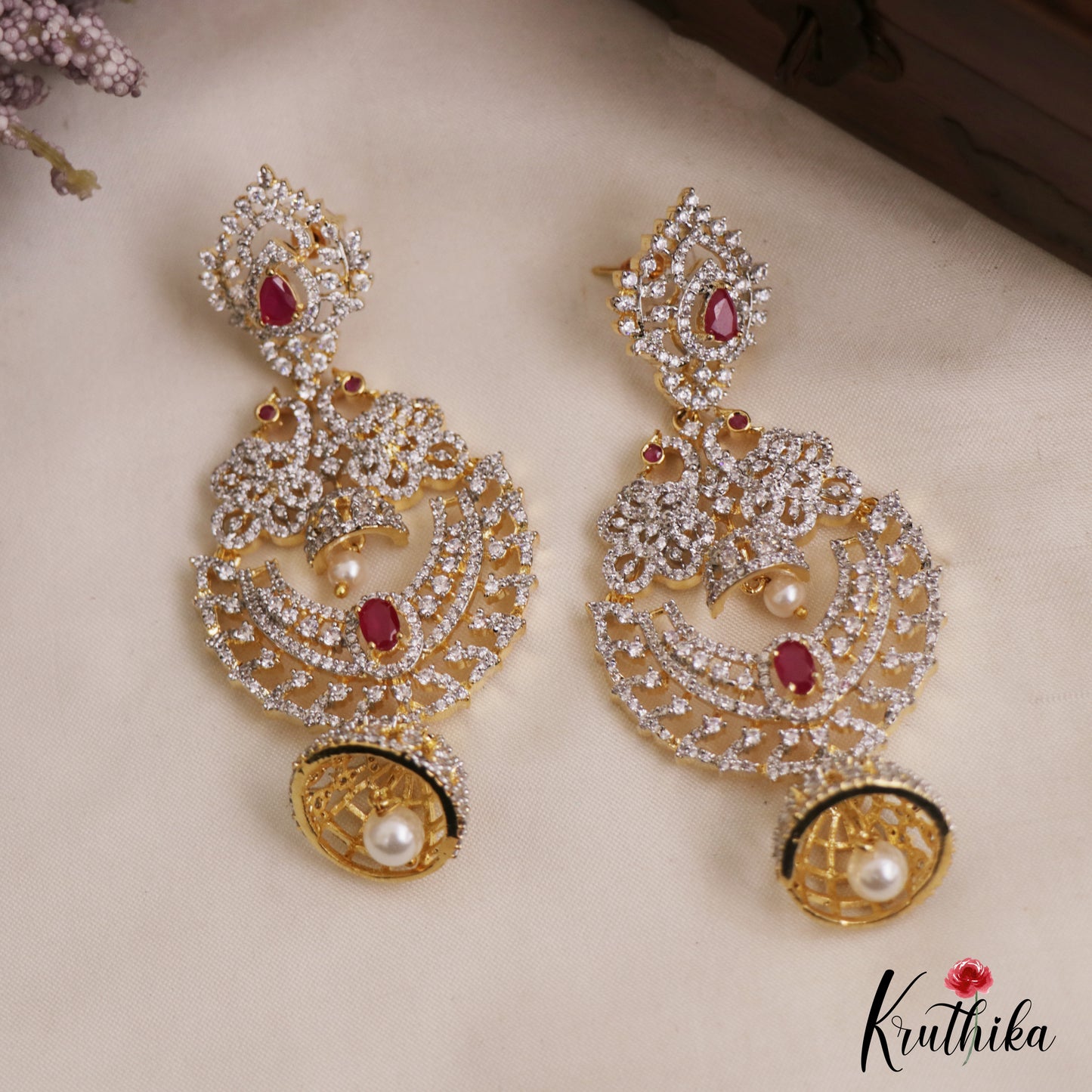 Stunning Peacock Motifs AD Victorian Chandbali Jhumka Earrings With Pearl Drop E1132 (Available In 3 Colors)