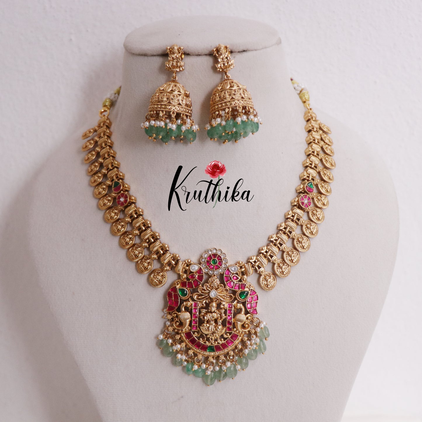 Beautiful Temple Lakshmi Jadau Kasu Necklace with Pastel Green Beads Drops NC2357 (Available in 2 Colours)