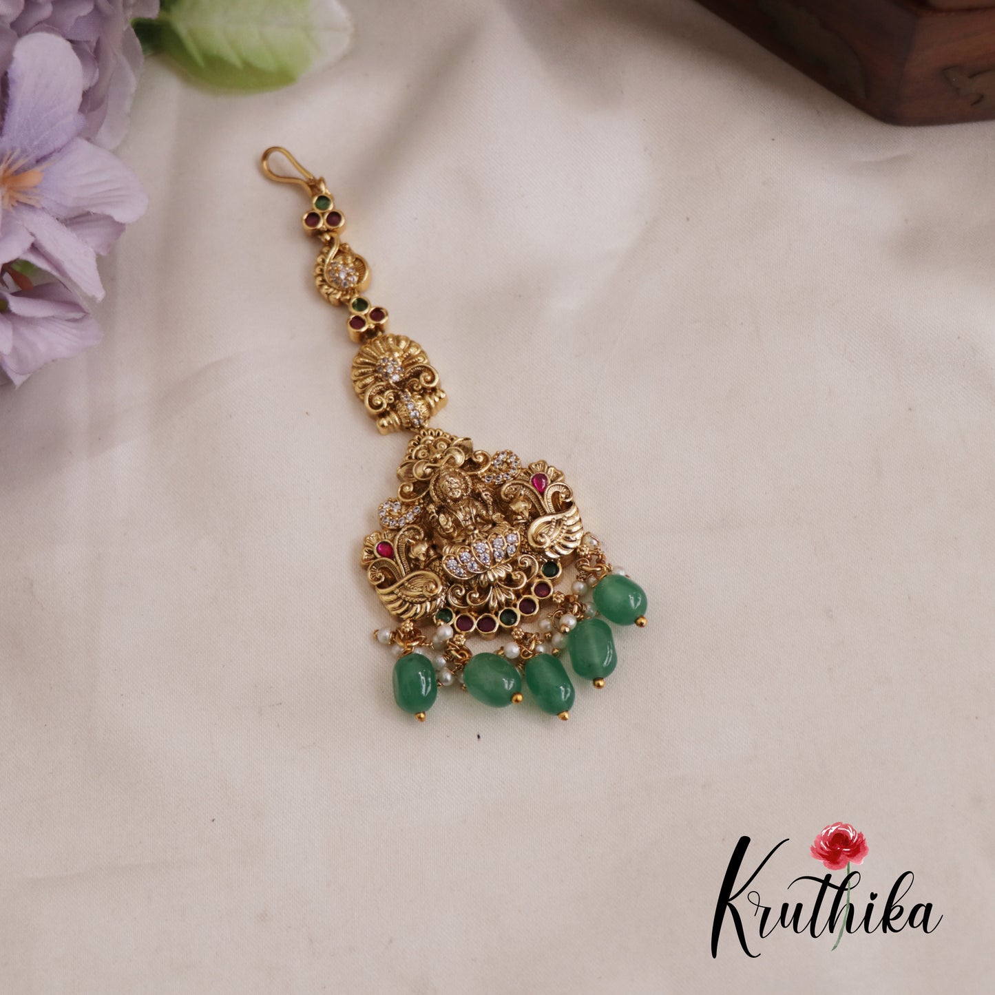 Beautiful Antique Lakshmi Peacock Motifs Maang Tikka With Pearl And Bead Drops MT328 (Available In 2 Colors)