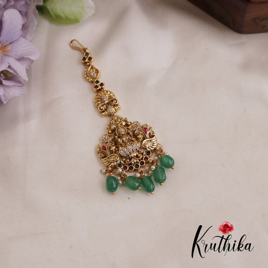 Beautiful Antique Lakshmi Peacock Motifs Maang Tikka With Pearl And Bead Drops MT328 (Available In 2 Colors)