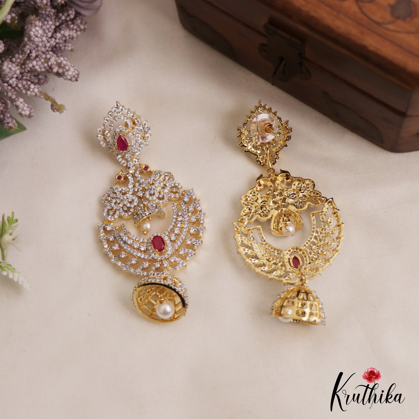 Stunning Peacock Motifs AD Victorian Chandbali Jhumka Earrings With Pearl Drop E1132 (Available In 3 Colors)