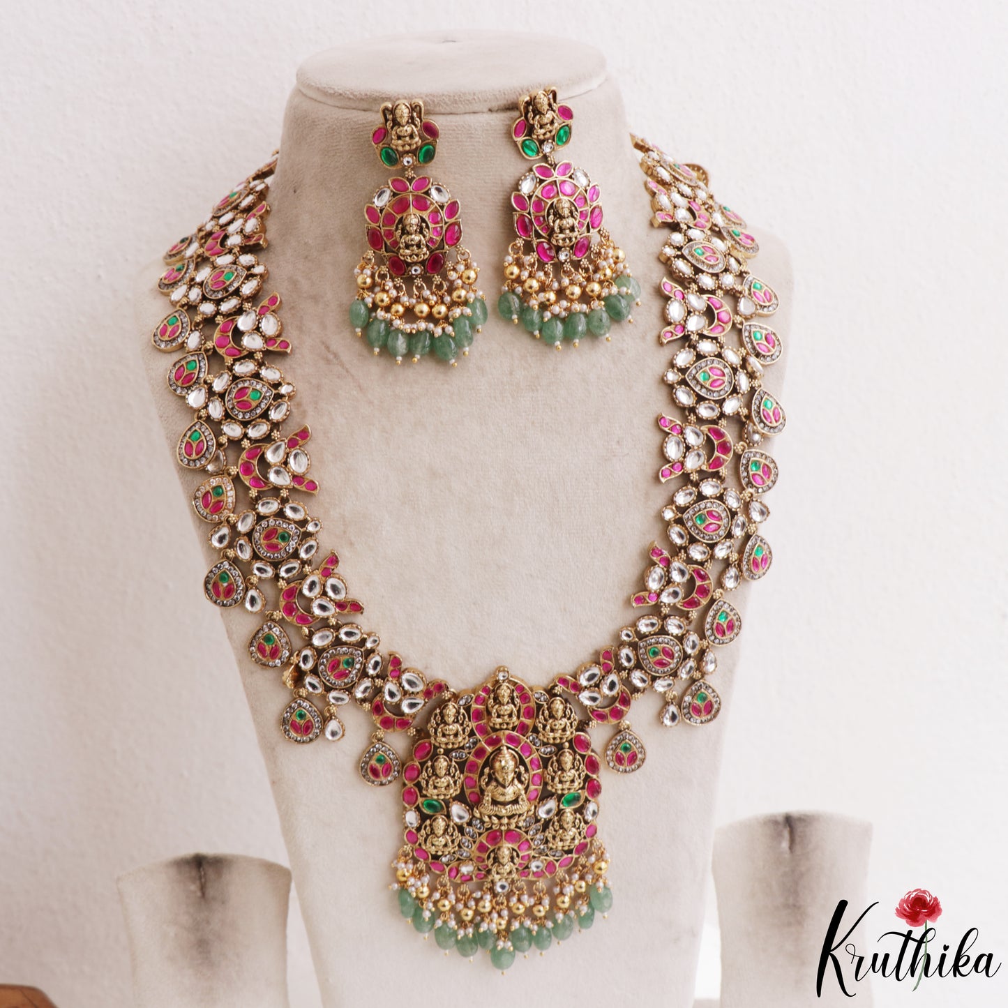 Grand Antique Nagas Ashta Lakshmi Motifs Polki Jadau Haaram With Green Bead Drops LH2210