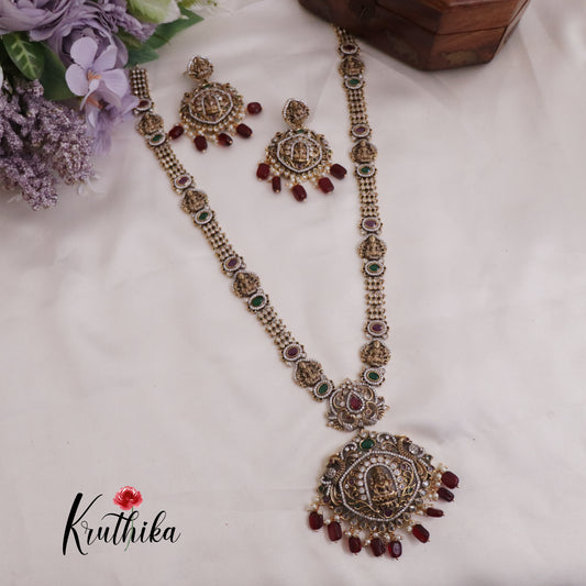 Simple AD Victorian Finish Lakshmi Pendant Haram with Ruby Beads Drops LH1983