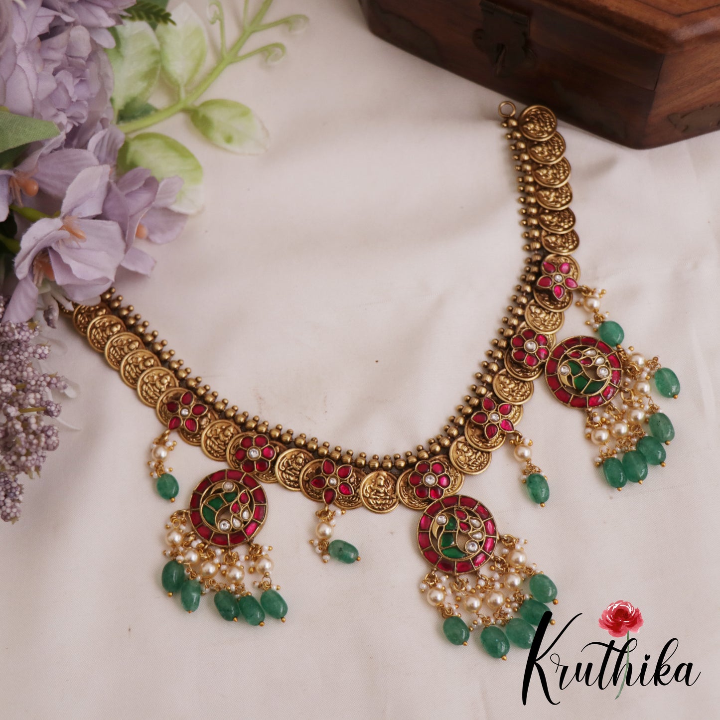 Premium Peacock Motifs Antique Lakshmi Kasu Jadau Necklace With Green Bead Drops NC2887