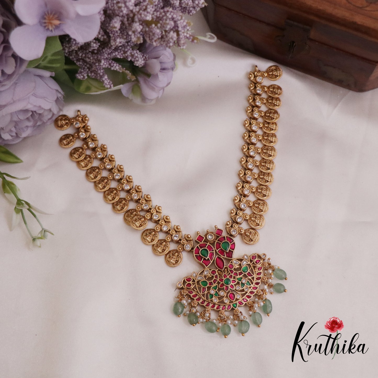Elegant Jadau Peacock Kasu Necklace with Beads Drops NC2358 (Available in 2 Colours)