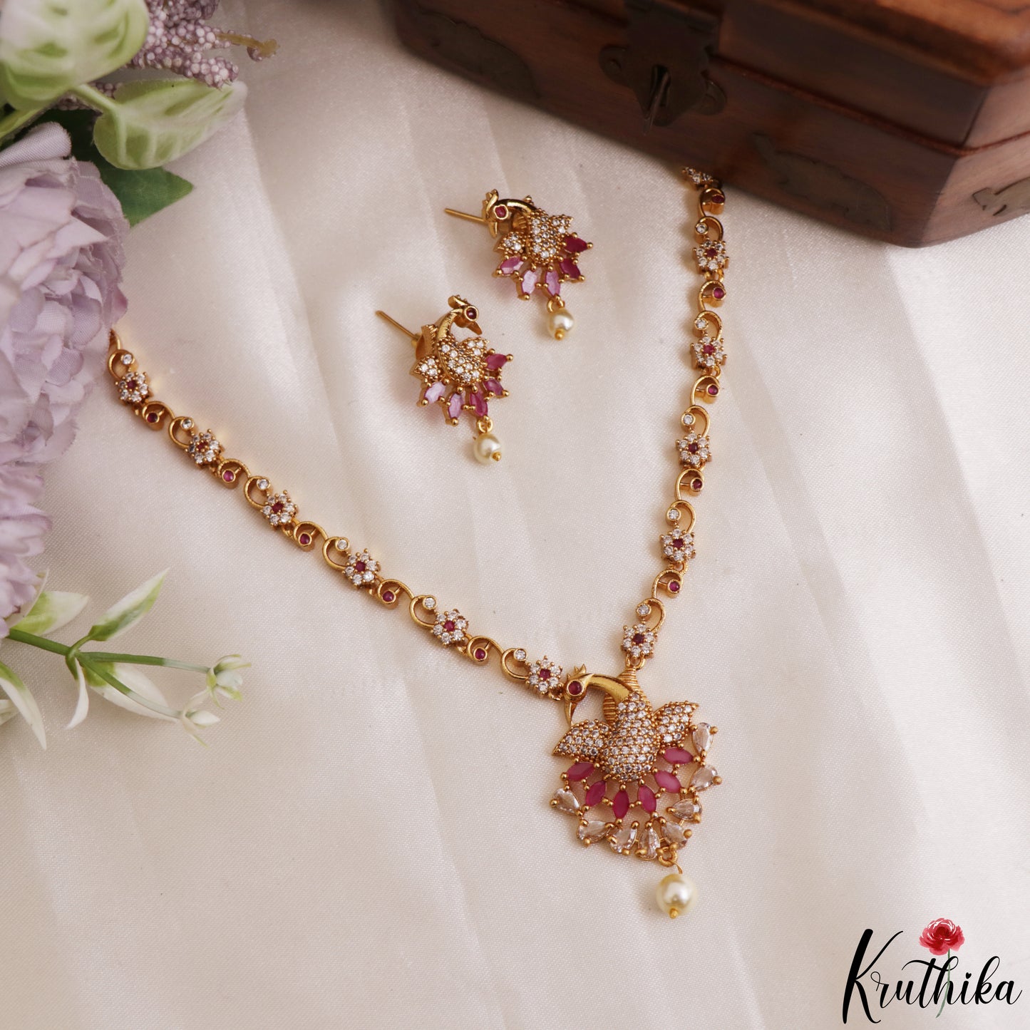 Trendy Peacock Motifs CZ Necklace With Pearl Drop NC3236 (Available In 2 Colors)
