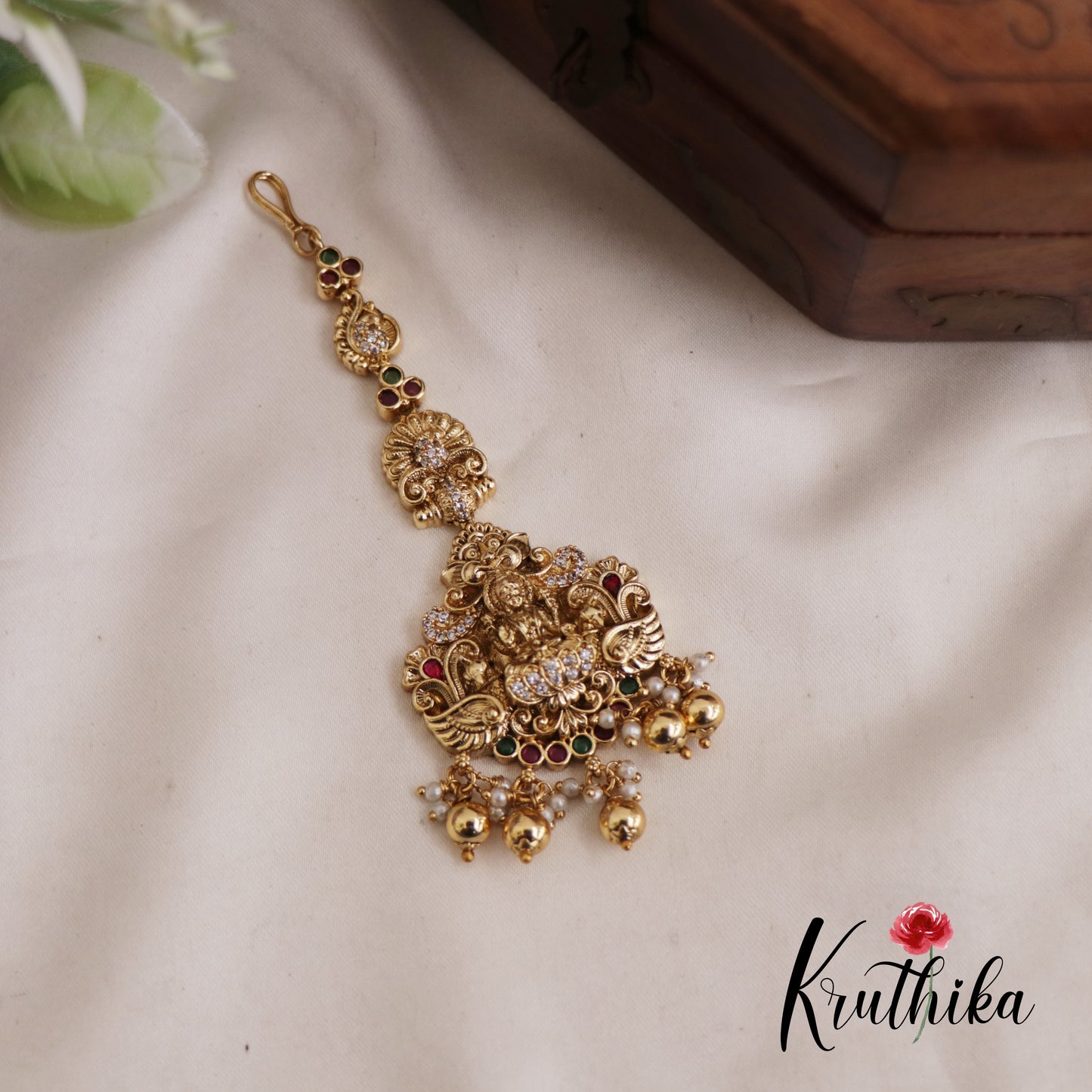 Beautiful Antique Lakshmi Peacock Motifs Maang Tikka With Pearl And Bead Drops MT328 (Available In 2 Colors)