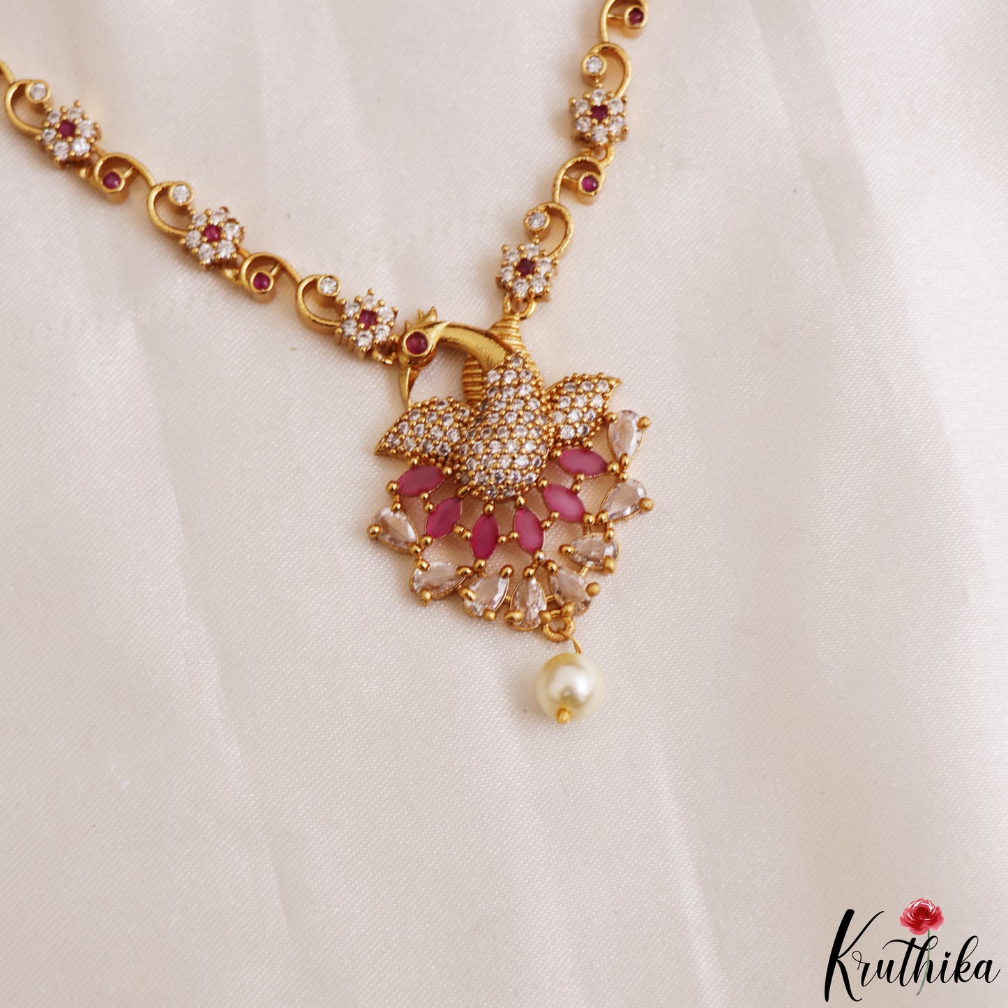 Trendy Peacock Motifs CZ Necklace With Pearl Drop NC3236 (Available In 2 Colors)