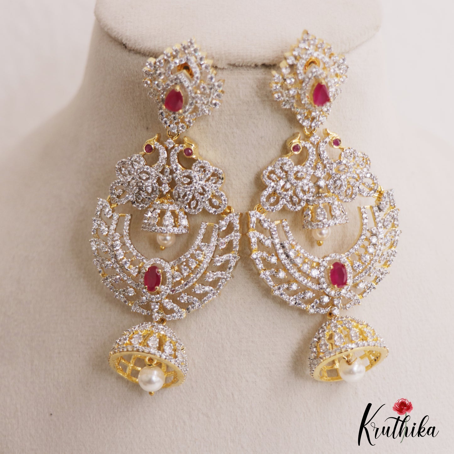 Stunning Peacock Motifs AD Victorian Chandbali Jhumka Earrings With Pearl Drop E1132 (Available In 3 Colors)