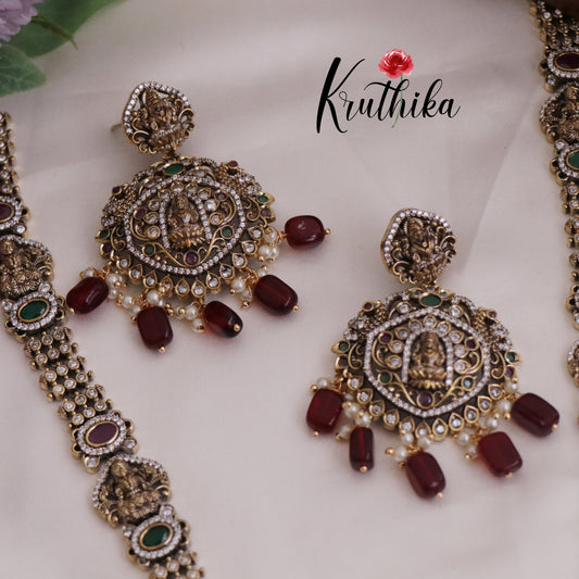 Simple AD Victorian Finish Lakshmi Pendant Haram with Ruby Beads Drops LH1983