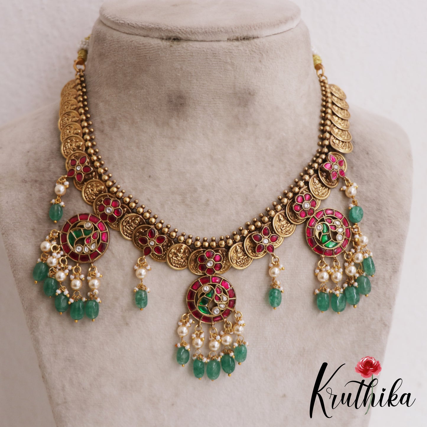 Premium Peacock Motifs Antique Lakshmi Kasu Jadau Necklace With Green Bead Drops NC2887