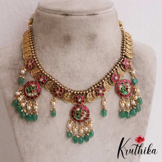 Premium Peacock Motifs Antique Lakshmi Kasu Jadau Necklace With Green Bead Drops NC2887