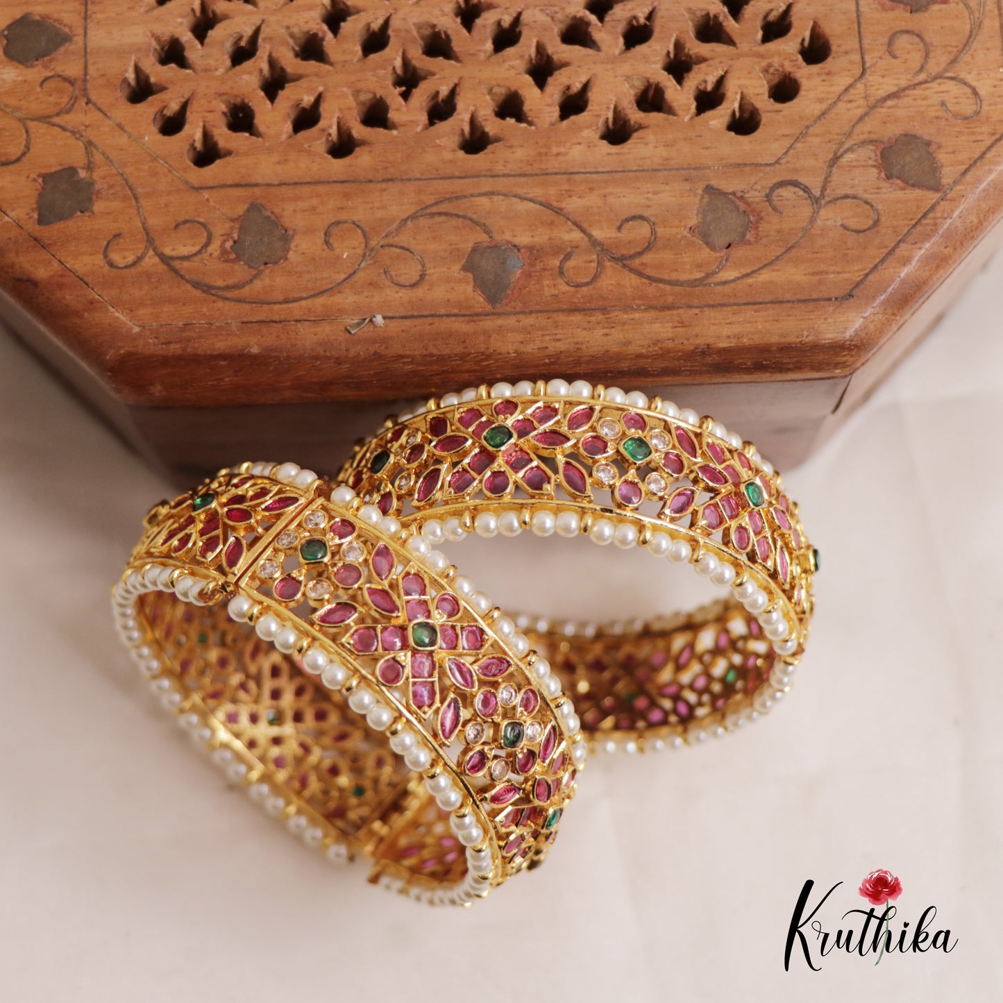 Traditional Floral Teardrop Kemp Openable Kada Bangles B361 (Set Of 2)