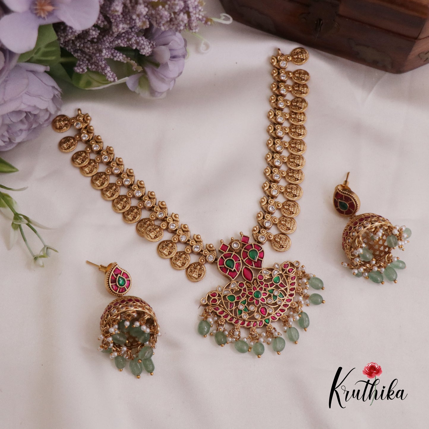 Elegant Jadau Peacock Kasu Necklace with Beads Drops NC2358 (Available in 2 Colours)