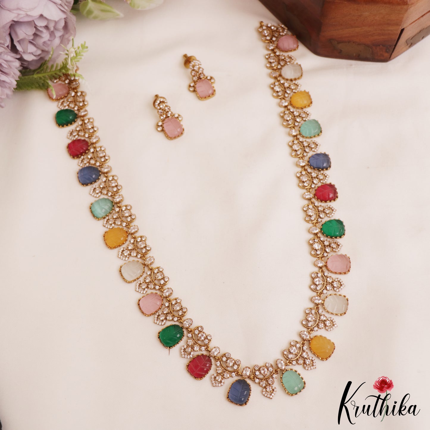 Stunning Multi Color Leaf Motifs AD Victorian Necklace LH2091