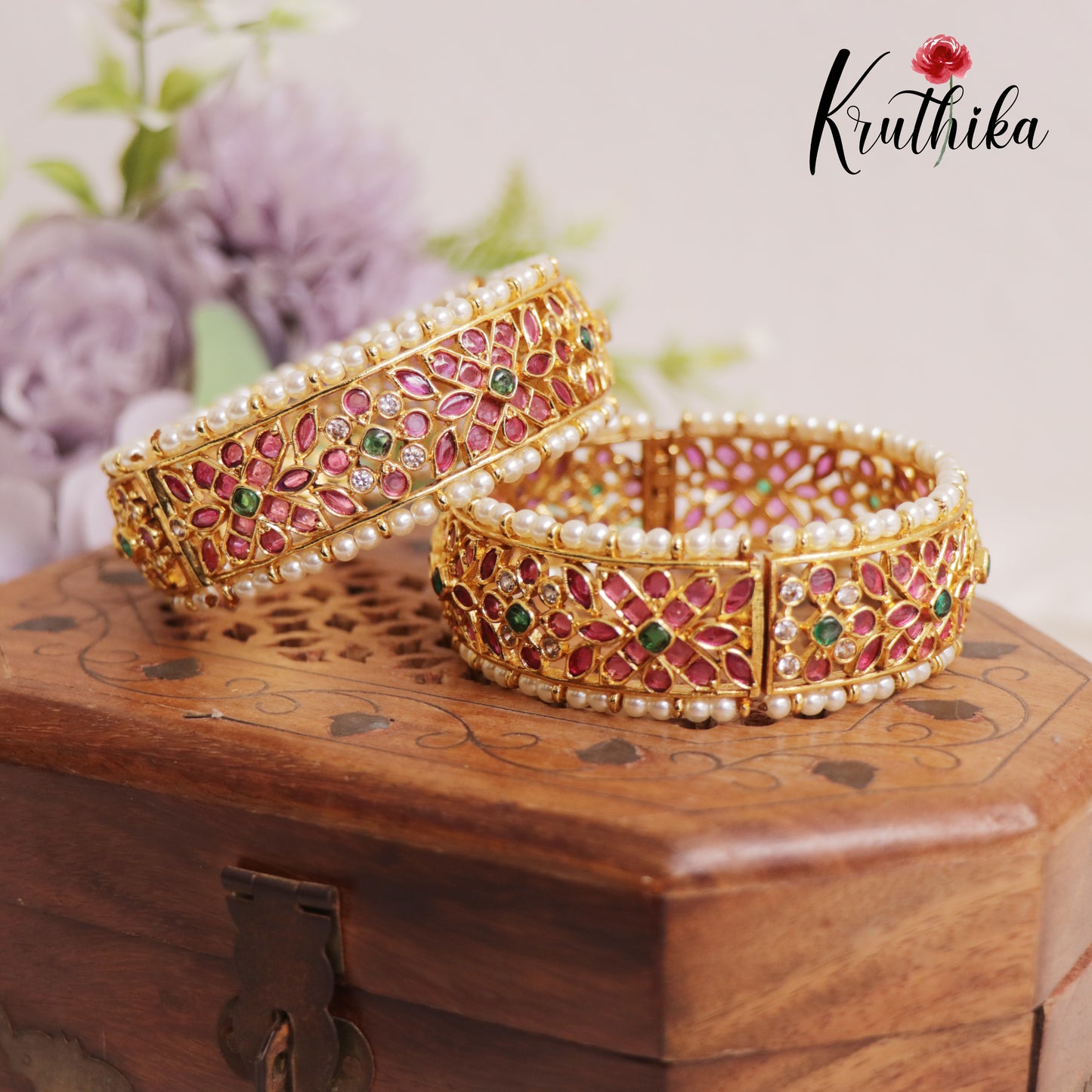 Traditional Floral Teardrop Kemp Openable Kada Bangles B361 (Set Of 2)