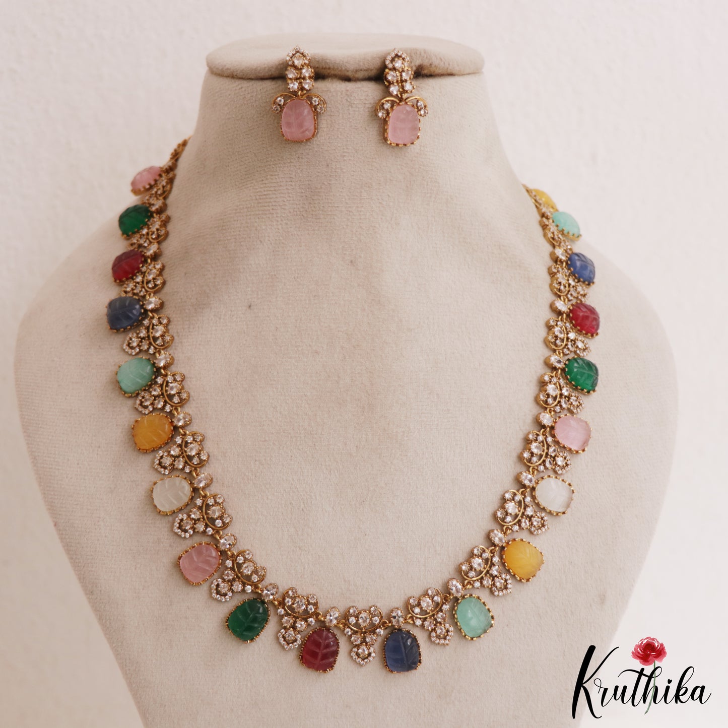 Stunning Multi Color Leaf Motifs AD Victorian Necklace LH2091