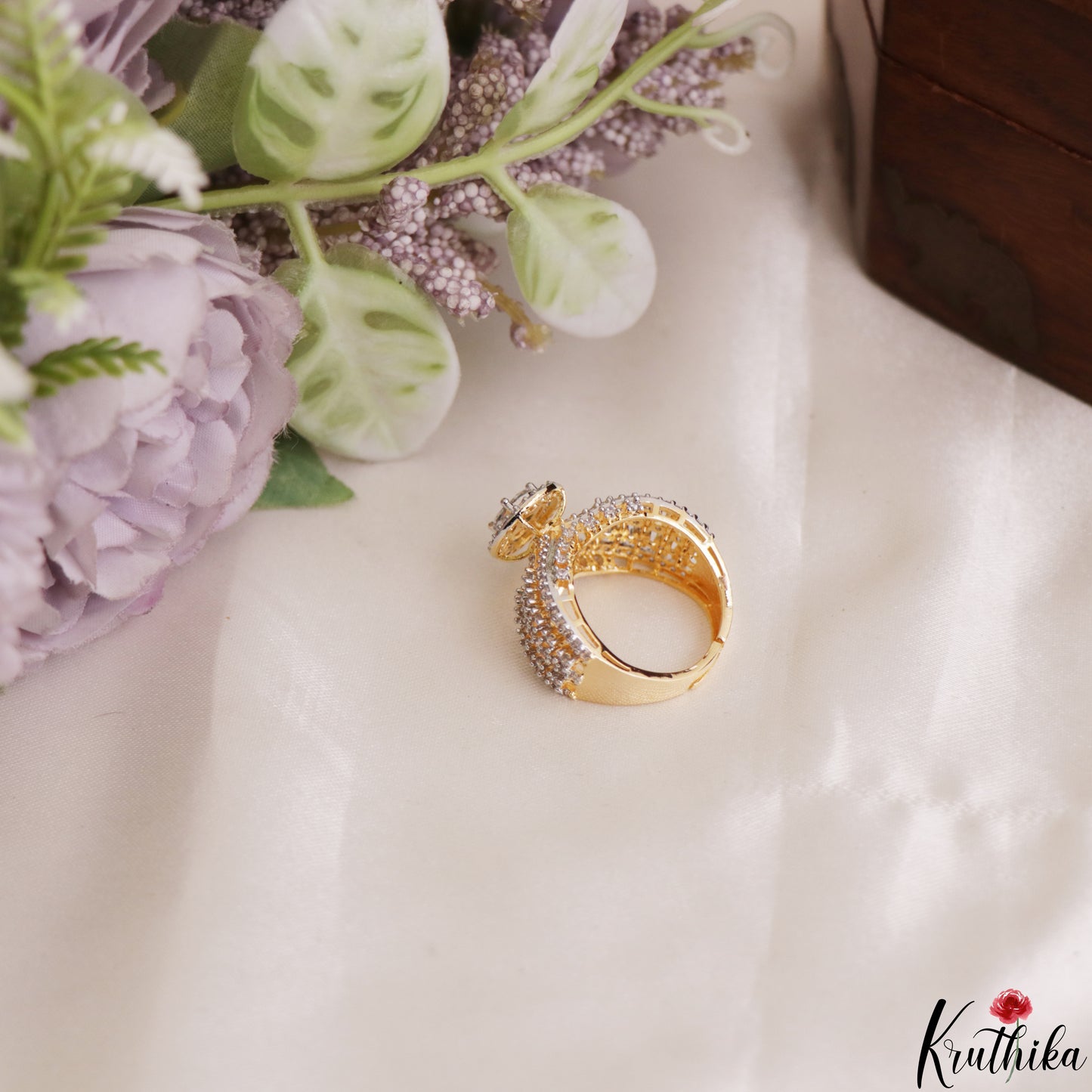 Pretty Adjustable Gold-Tone CZ Finger Ring R61 (Available in 2 Colours)