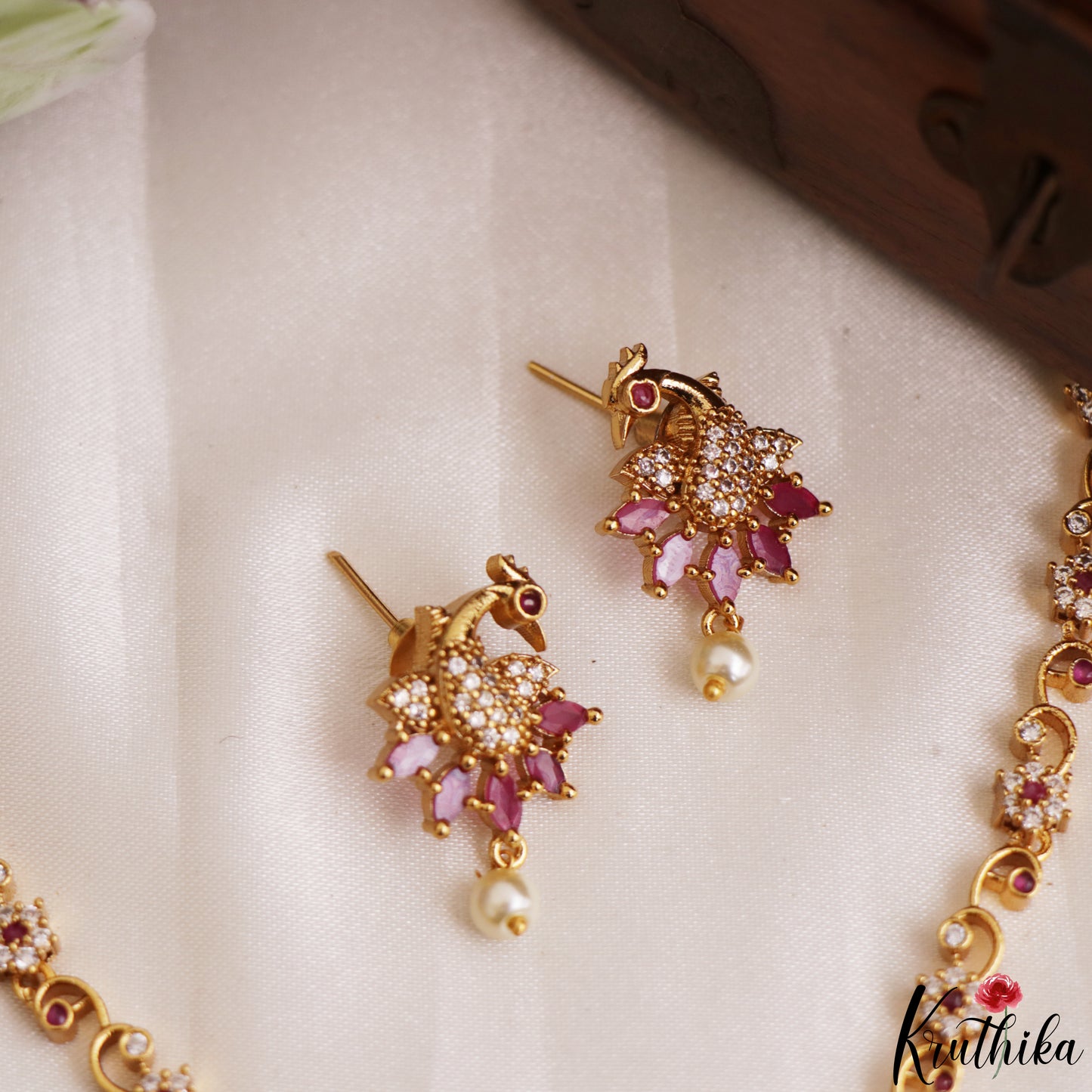 Trendy Peacock Motifs CZ Necklace With Pearl Drop NC3236 (Available In 2 Colors)