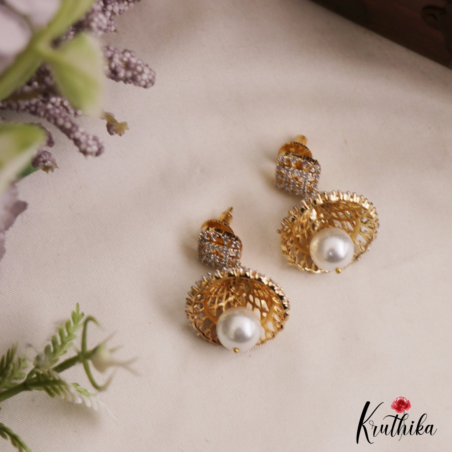 Elegant Geometric Motifs Gold-Tone CZ Jhumkas With Pearl Drop E1134