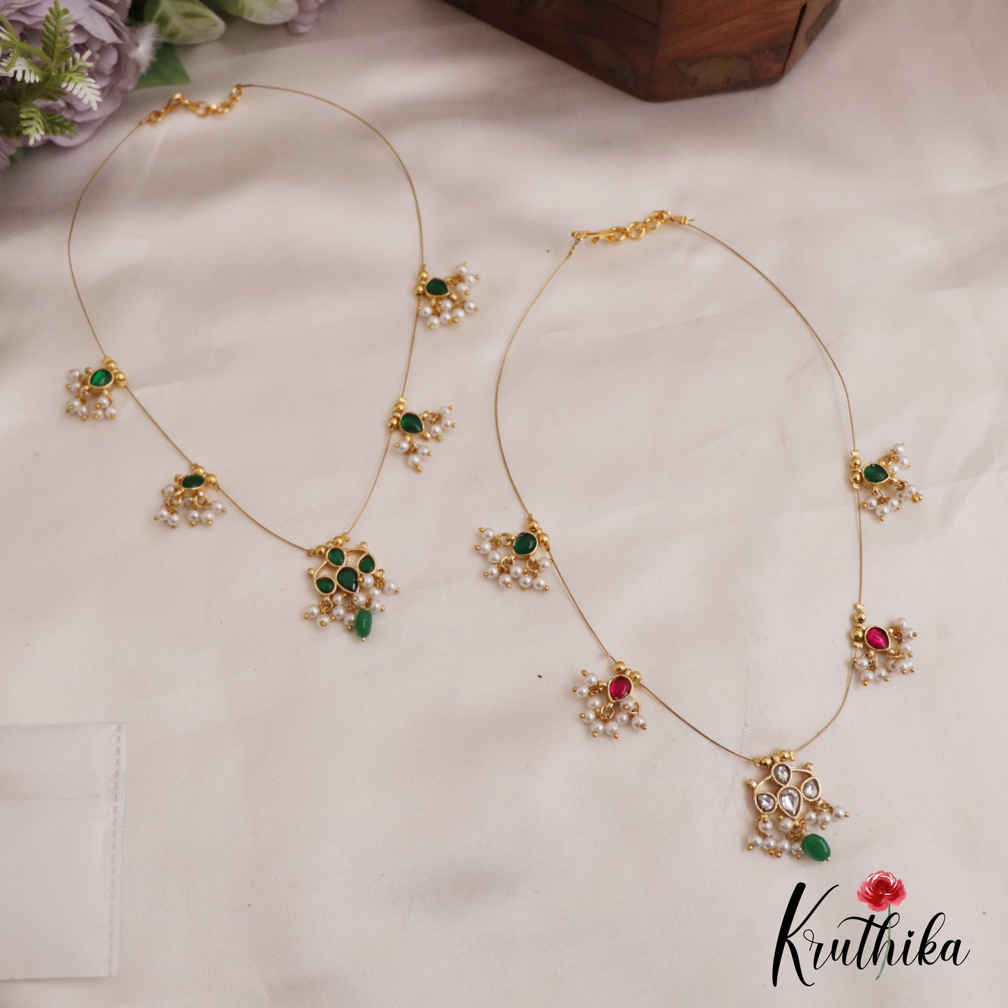 Simple Teardrop Motifs Jadau Invisible Chain With Pearl Drops NC2719 (Available In 4 Colors)