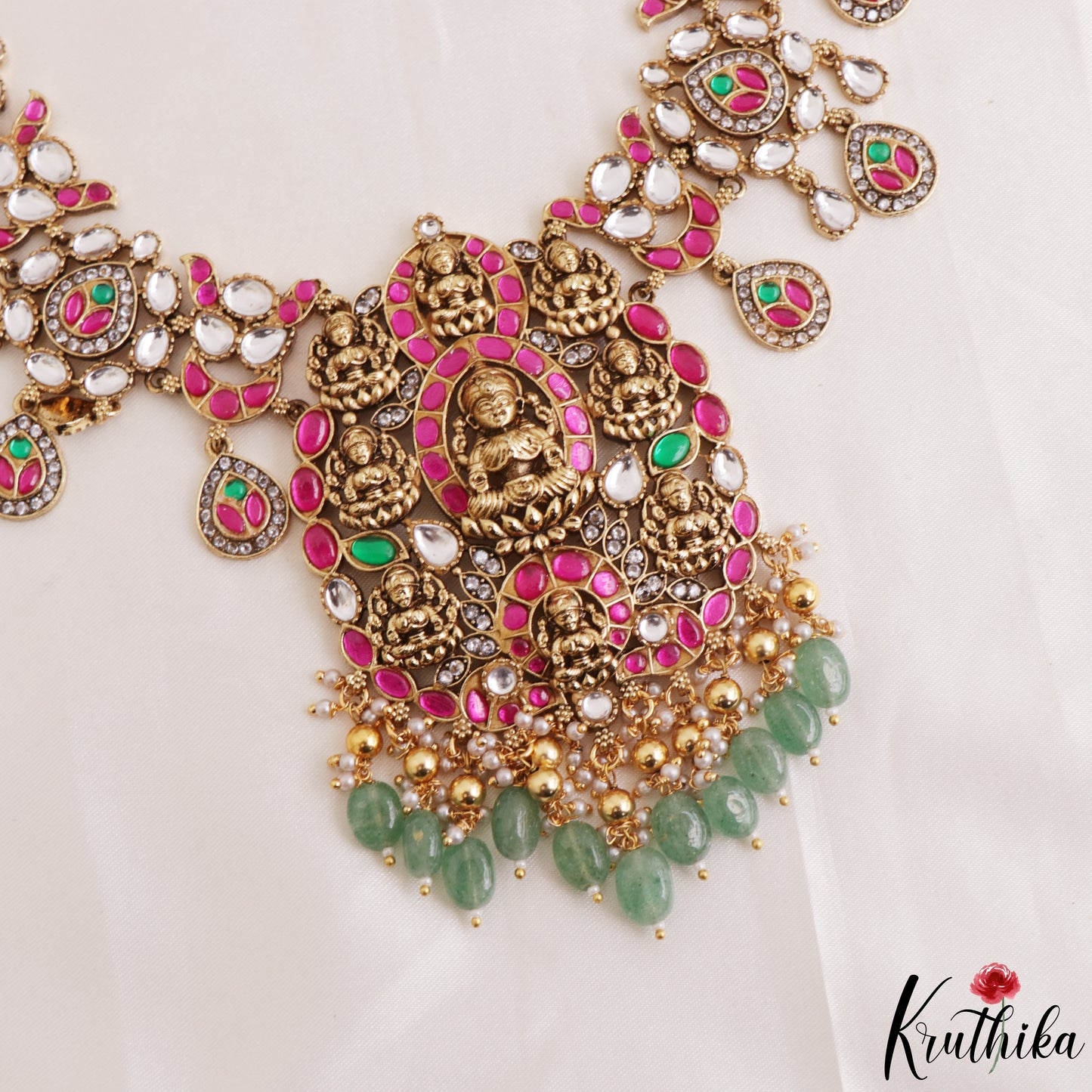 Grand Antique Nagas Ashta Lakshmi Motifs Polki Jadau Haaram With Green Bead Drops LH2210