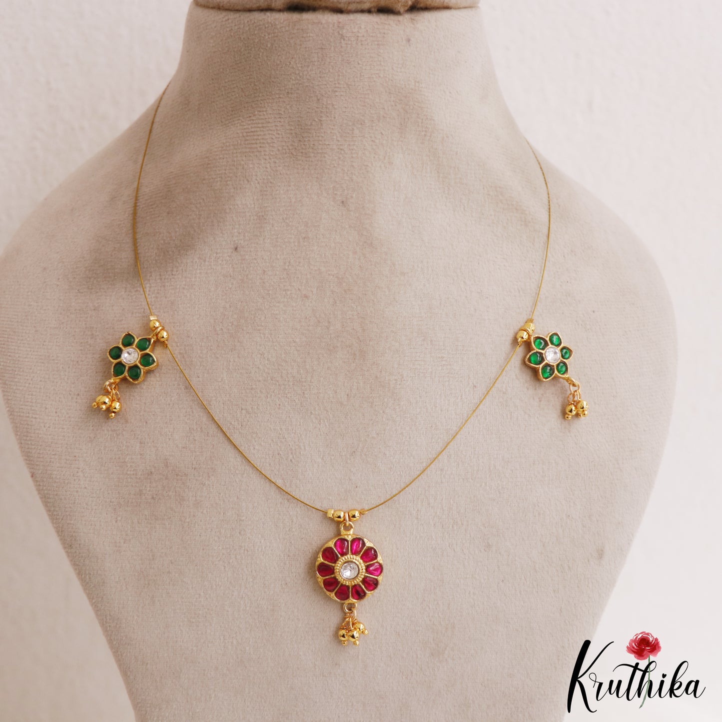 Classic Floral Motifs Jadau Invisible Chain With Gold Bead Drops NC2991