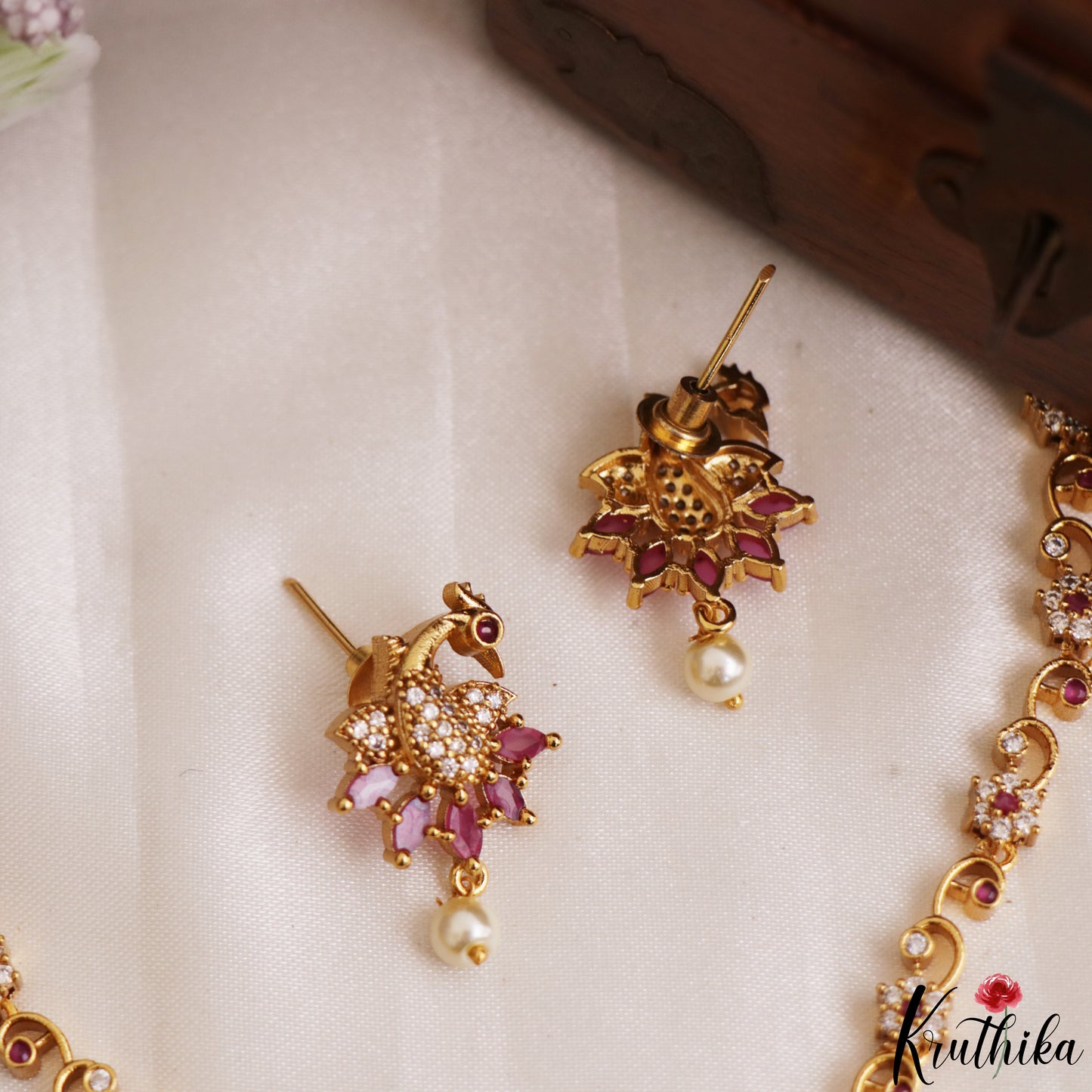 Trendy Peacock Motifs CZ Necklace With Pearl Drop NC3236 (Available In 2 Colors)