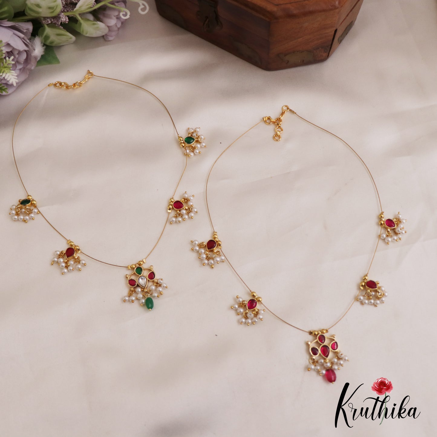 Simple Teardrop Motifs Jadau Invisible Chain With Pearl Drops NC2719 (Available In 4 Colors)