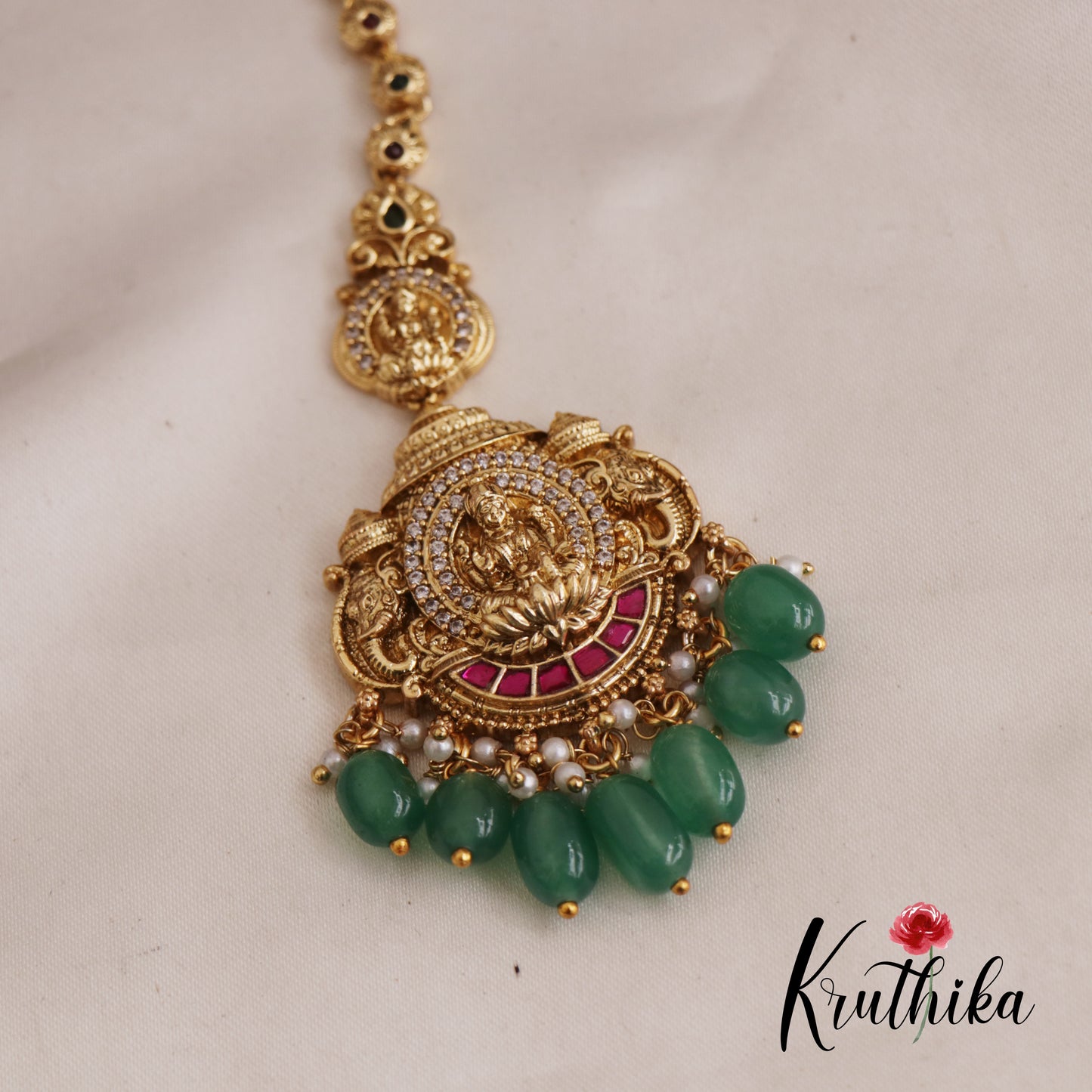 Stunning Antique Lakshmi Jadau Maang Tikka With Pearl And Bead Drops MT318 (Available In 2 Colors)