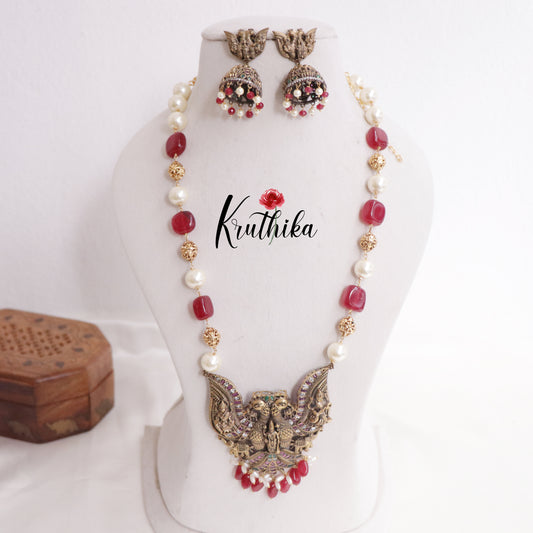 Simple Pearl Necklace with Peacock Temple Pendant Beads Drops NC2341 (Available in 4 colours)