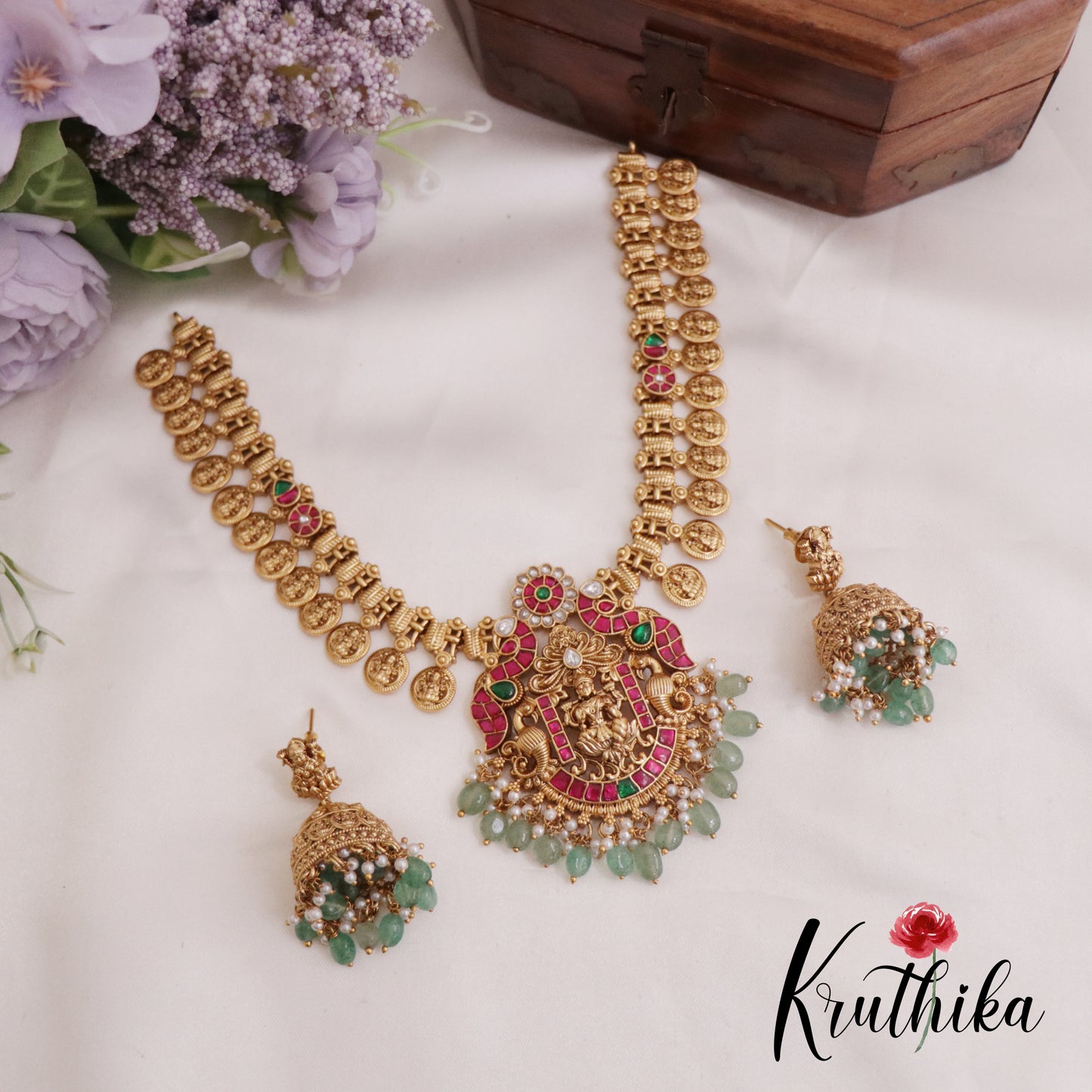 Beautiful Temple Lakshmi Jadau Kasu Necklace with Pastel Green Beads Drops NC2357 (Available in 2 Colours)