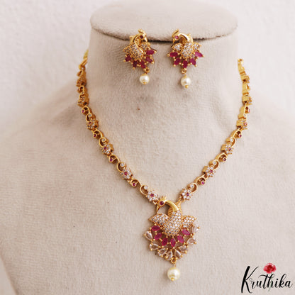 Trendy Peacock Motifs CZ Necklace With Pearl Drop NC3236 (Available In 2 Colors)