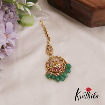 Stunning Antique Lakshmi Jadau Maang Tikka With Pearl And Bead Drops MT318 (Available In 2 Colors)