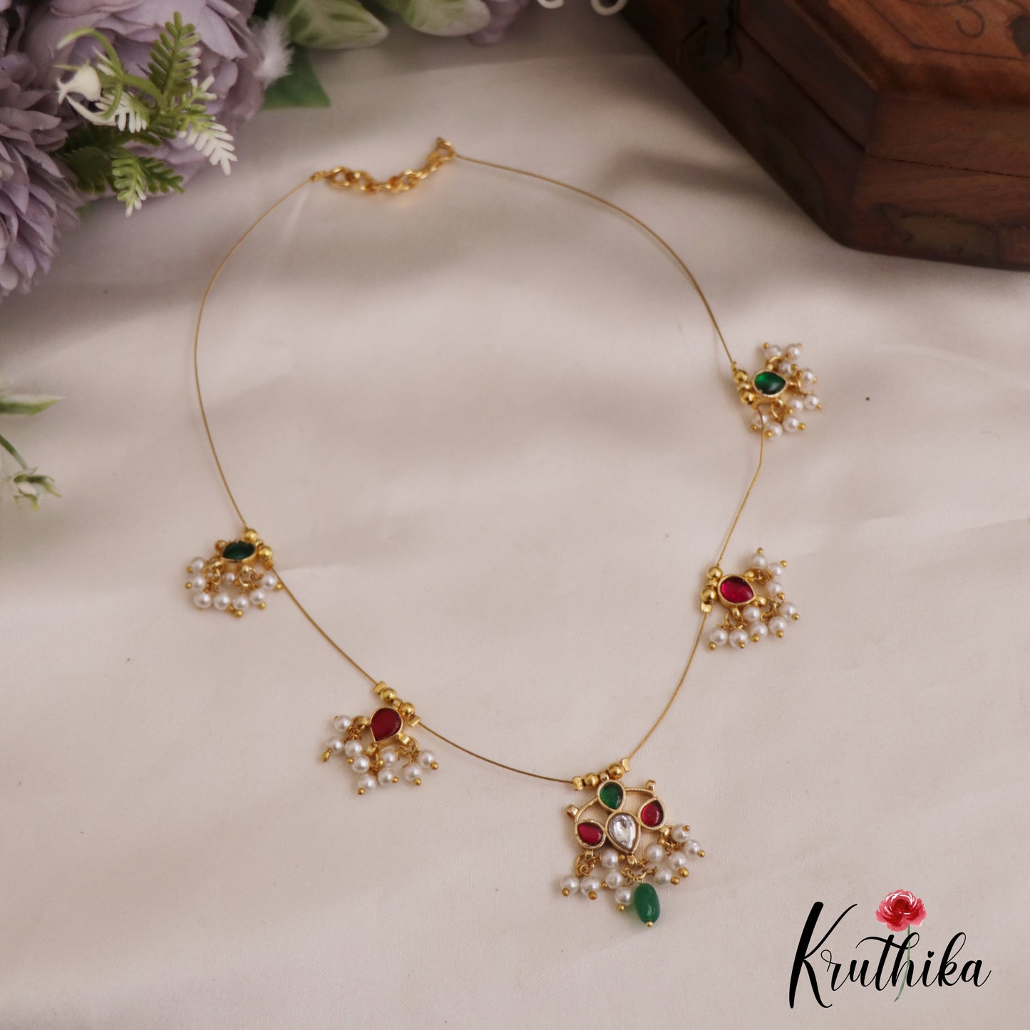 Simple Teardrop Motifs Jadau Invisible Chain With Pearl Drops NC2719 (Available In 4 Colors)