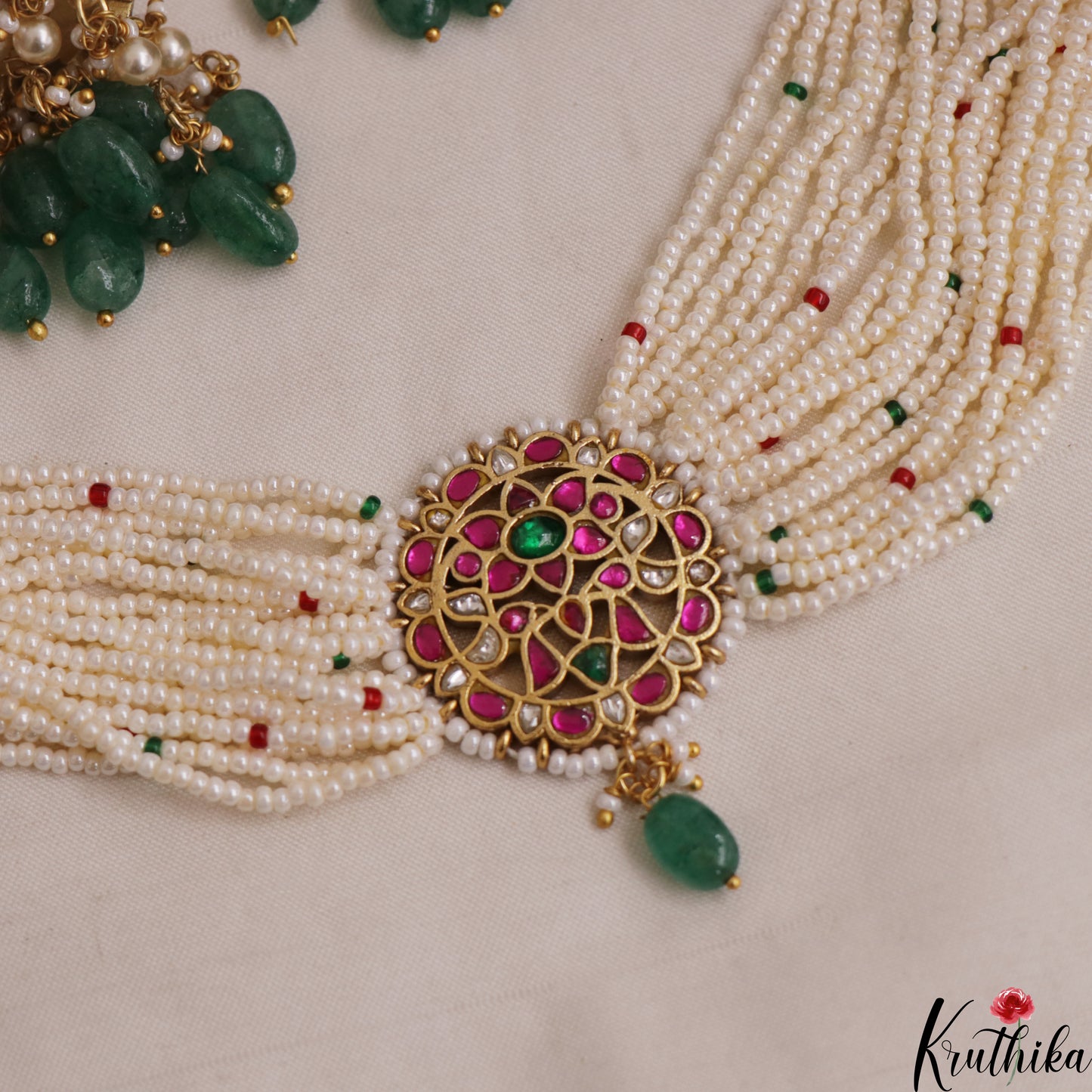 Trendy Floral Motifs Multi Pearl Strand Jadau Choker With Green Bead Drop NC3027
